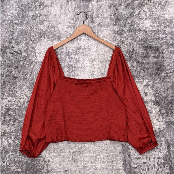 New J Crew Top 2X Womens Red Satin Smocked Square Neck Cropped Plus Size - Picture 1 of 9